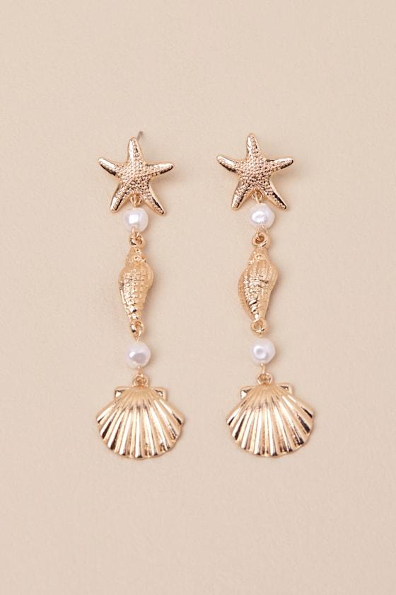 Gisela Gold Pearl Seashell Drop Earrings Product Image