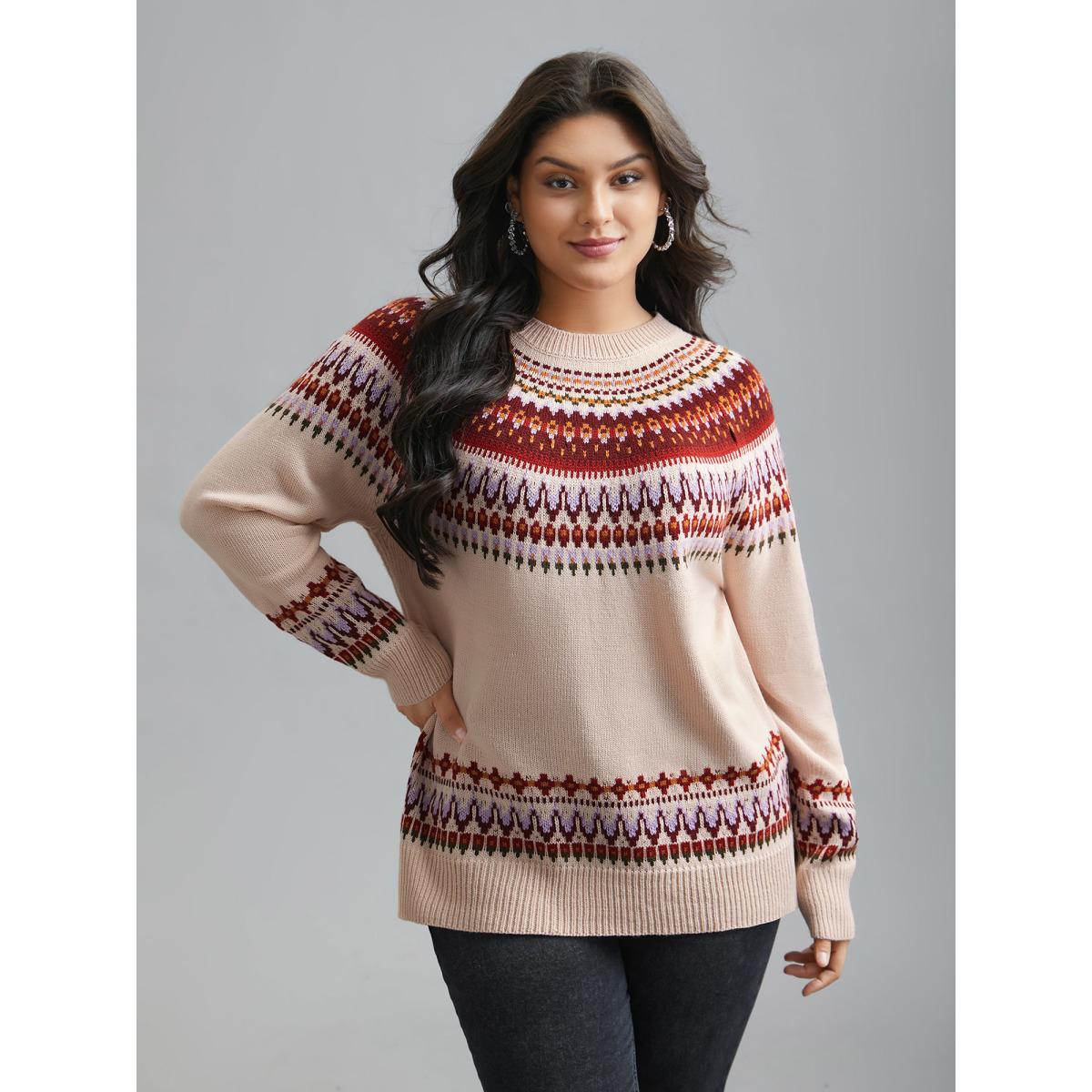 Plus Size Round Neck Bandana Color Contrast Pullover Apricot Women Casual Loose Long Sleeve Round Neck Everyday Pullovers BloomChic 14-16/1X Product Image