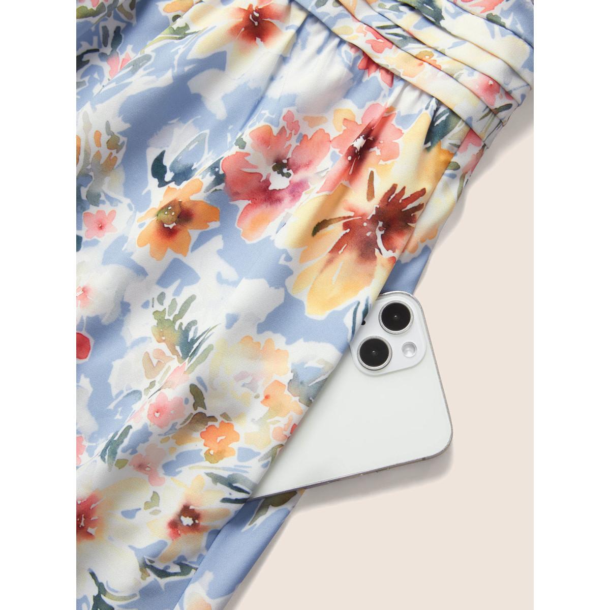 Plus Size Floral Pleated Drawstring Sleeveless Midi Dress Ivory Women Elegant Pleated V-neck Sleeveless Curvy BloomChic 12/L Product Image