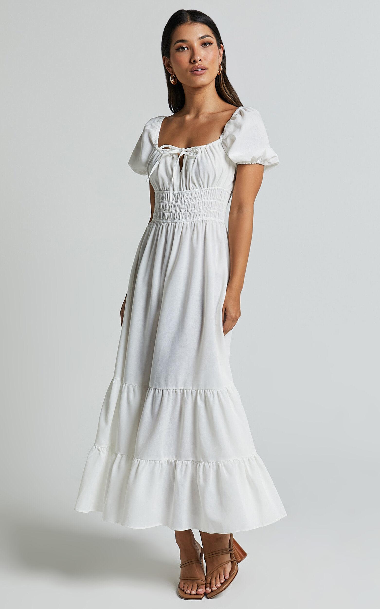 Claritza Midi Dress - Linen Look Short Puff Sleeve Square Neck Tiered Dress in White Product Image