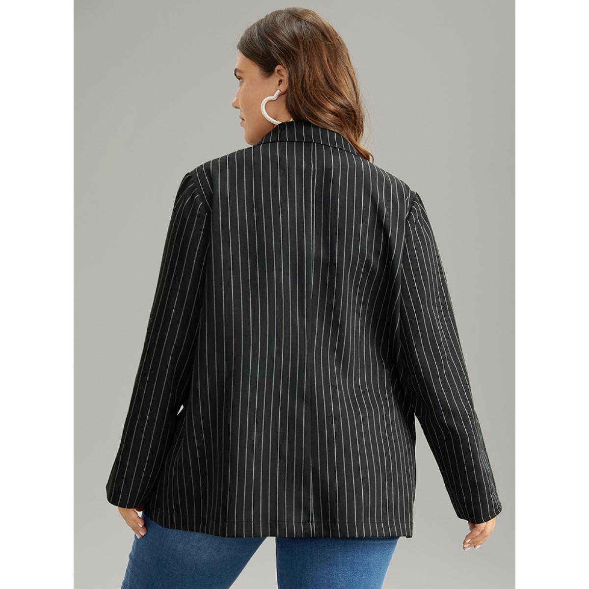 Plus Size Suit Collar Striped Contrast Blazer Black Women Dailywear Striped Contrast Sleeve Long Sleeve Suit Collar 10/M Pocket Casual Blazers BloomChic Product Image