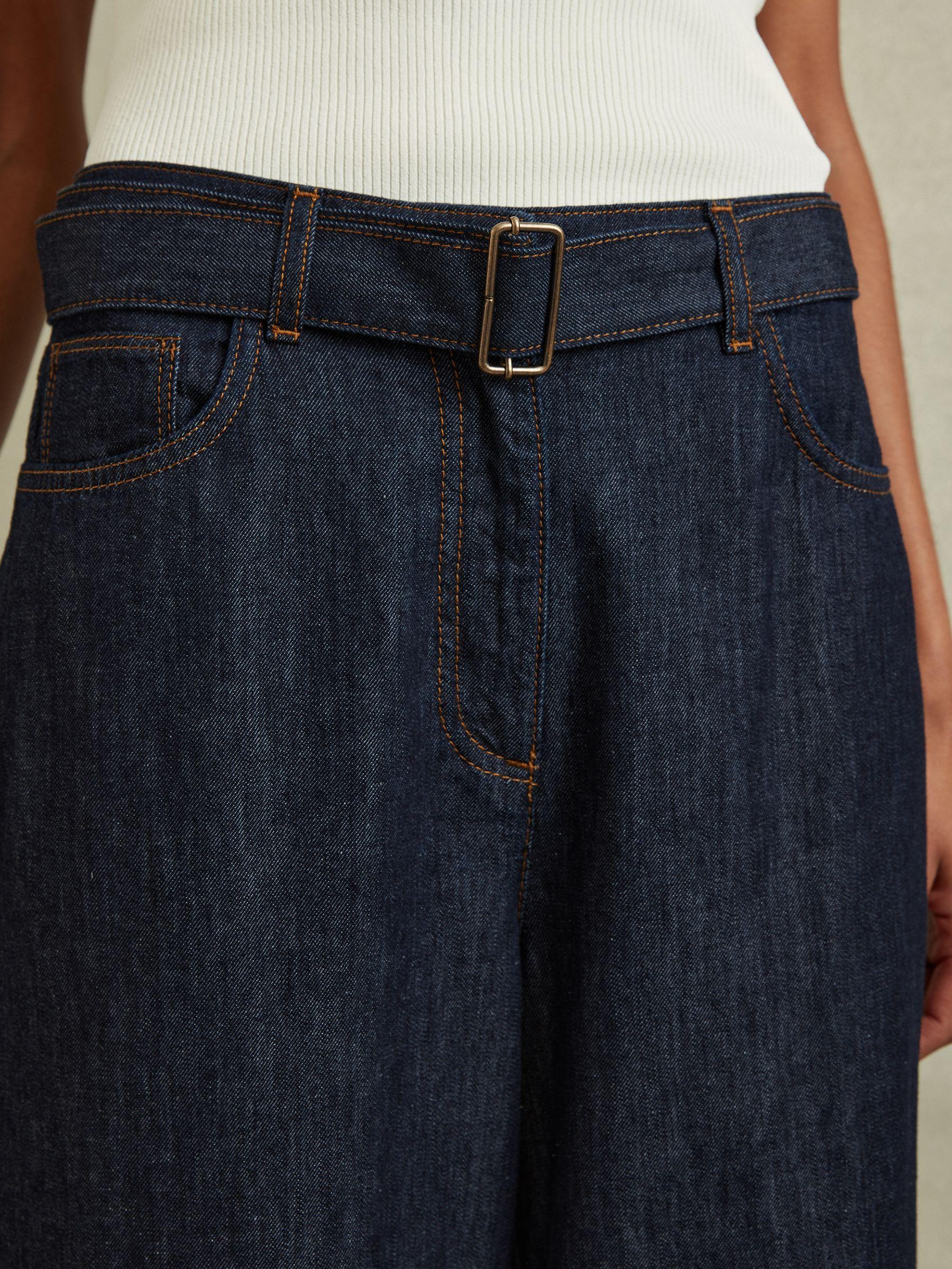 Belted Wide Leg Jeans in Dark Blue Product Image