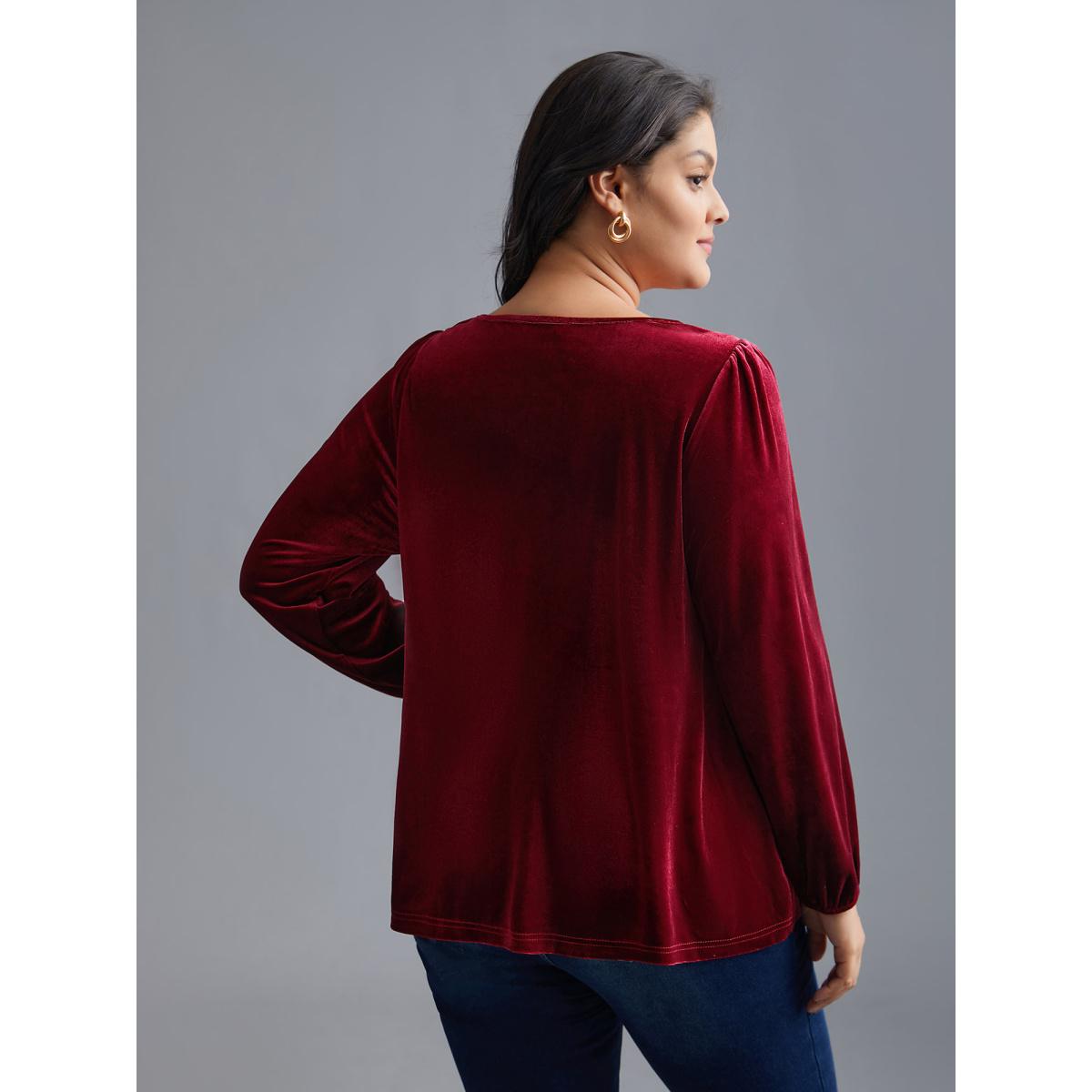Plus Size Scarlet Plain Round Neck Gathered Velvet Blouse Women Elegant Long Sleeve Round Neck Everyday Blouses BloomChic 14-16/1X Product Image