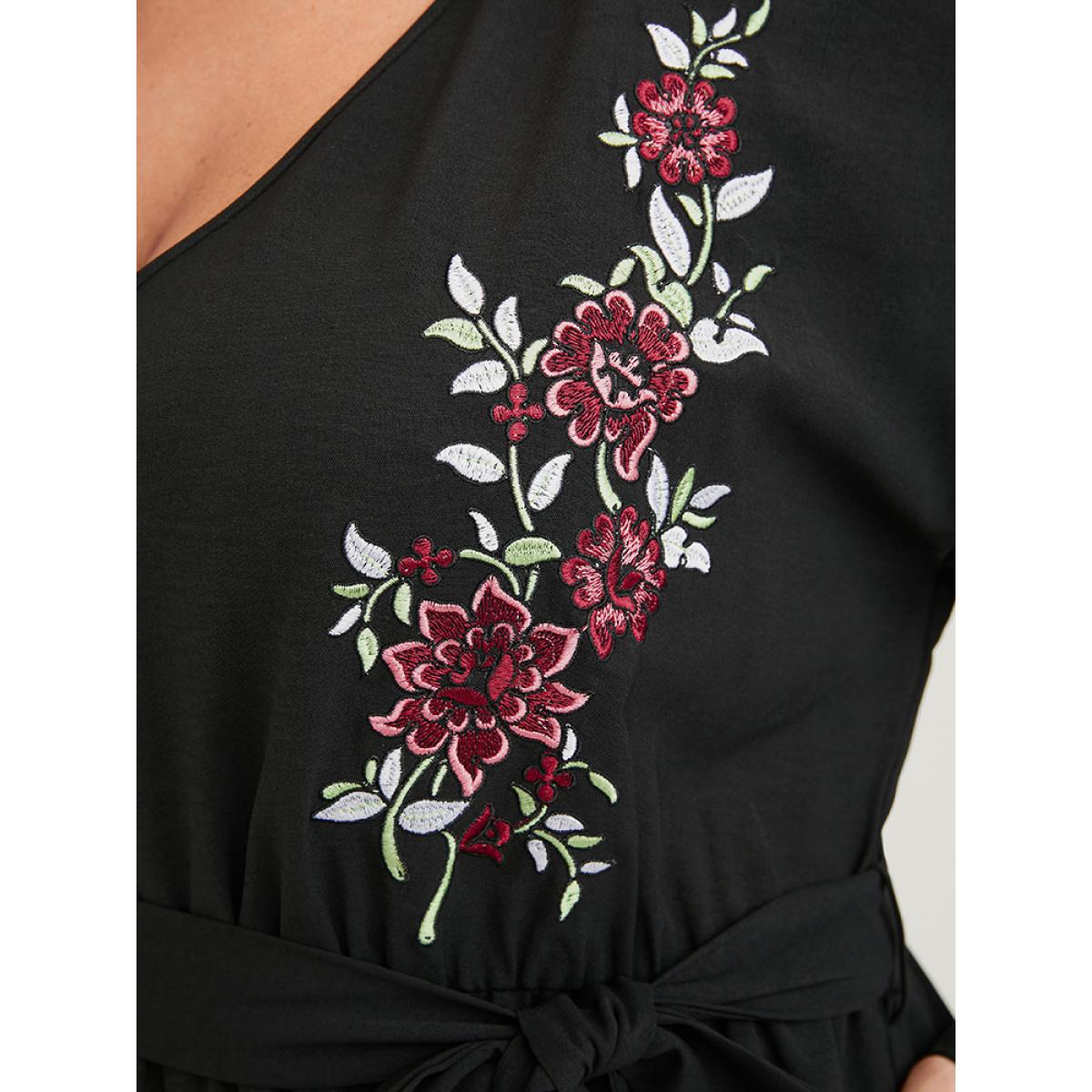 Plus Size Black Solid Embroidered Pocket Belted Jumpsuit Women Elegant Long Sleeve V-neck Dailywear Loose Jumpsuits BloomChic 14-16/1X Product Image