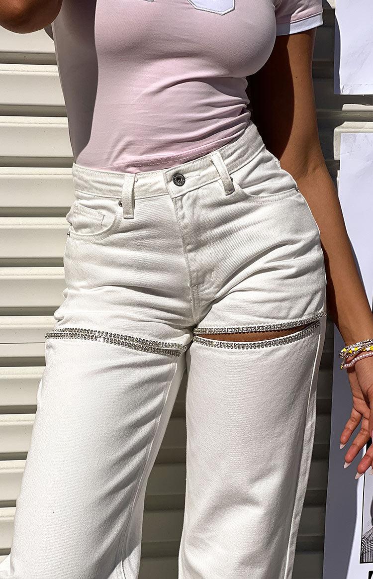 Gem Diamante Trim Wide Leg White Denim Jeans Product Image
