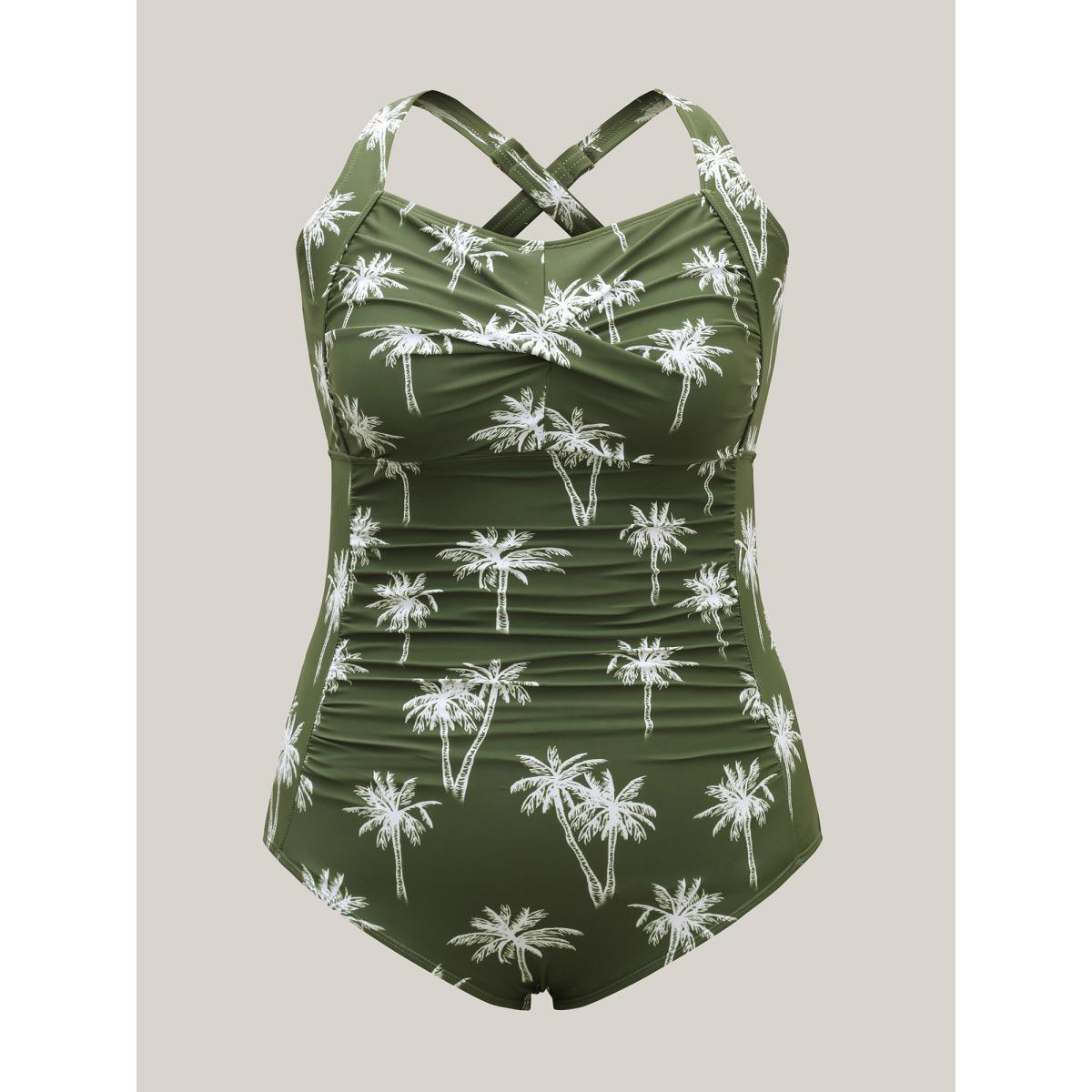 Plus Size Twist Front Tropical Print One-Piece Swimsuit Women's Swimwear ArmyGreen Beach Twist Curve Bathing Suits High stretch One Pieces BloomChic 18-20/2X Product Image