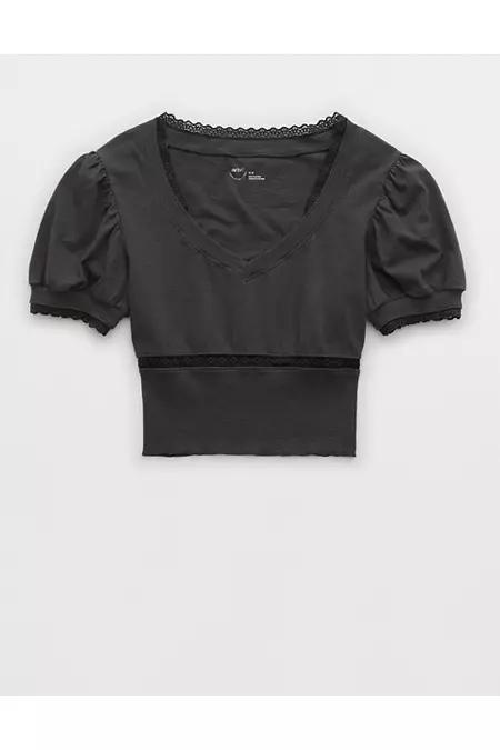 Aerie Cropped Lace Trim V-Neck T-Shirt Women's Product Image