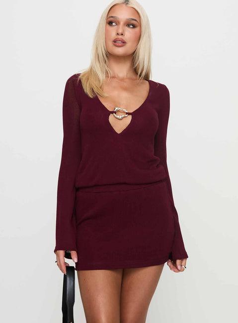 Charming Long Sleeve Mini Dress Maroon Product Image