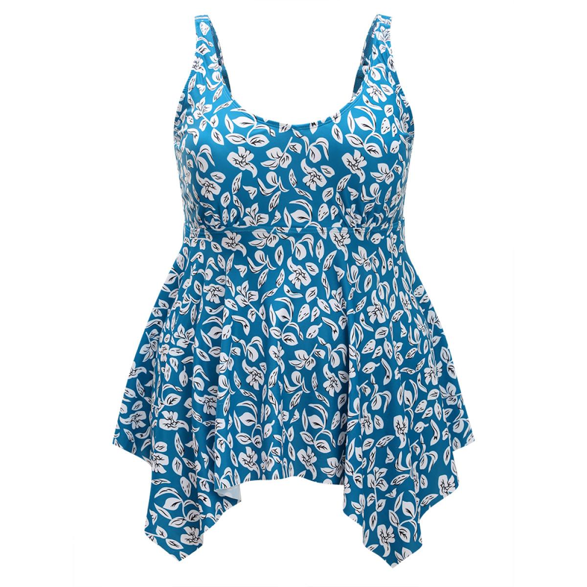 Plus Size Plant Print Asymmetrical Hem Adjustable Straps Tankini Top Women's Swimwear Cerulean Vacation Adjustable Straps High stretch Bodycon V-neck Curve Swim Tops BloomChic 10/M Product Image