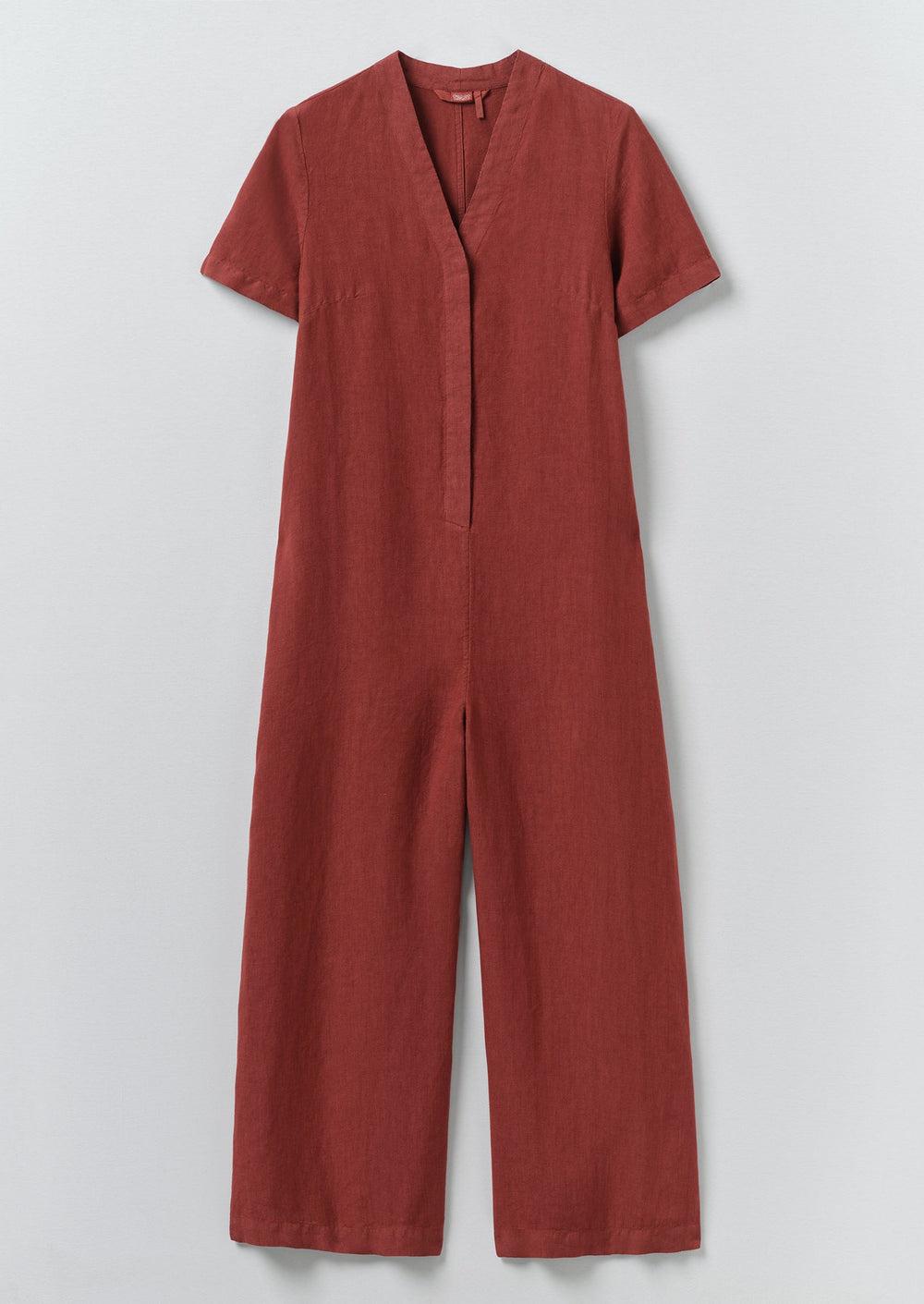 V Neck Garment Dyed Linen Jumpsuit | Tomato Red Product Image