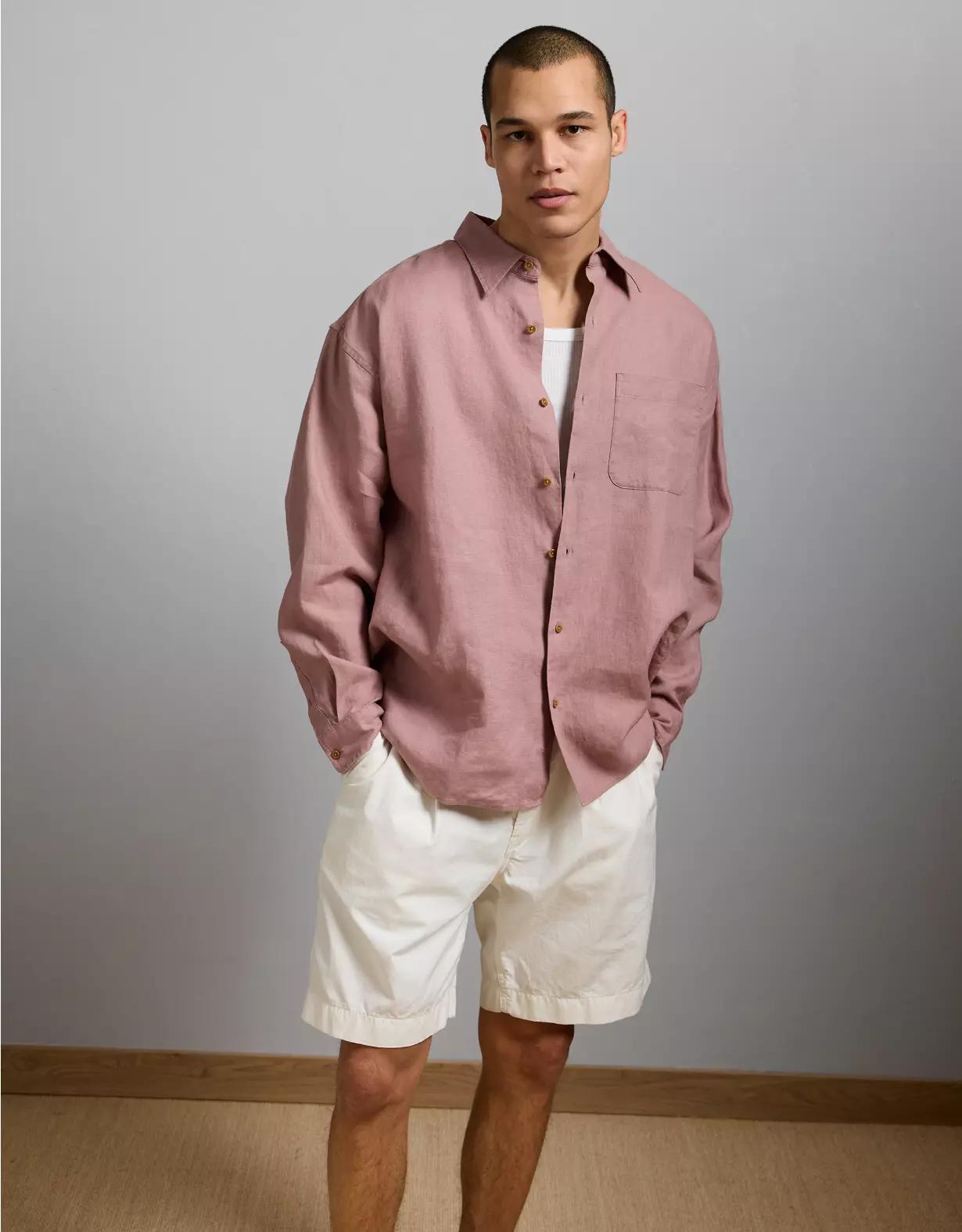 AE77 Premium Relaxed Linen Button-Up Shirt Product Image
