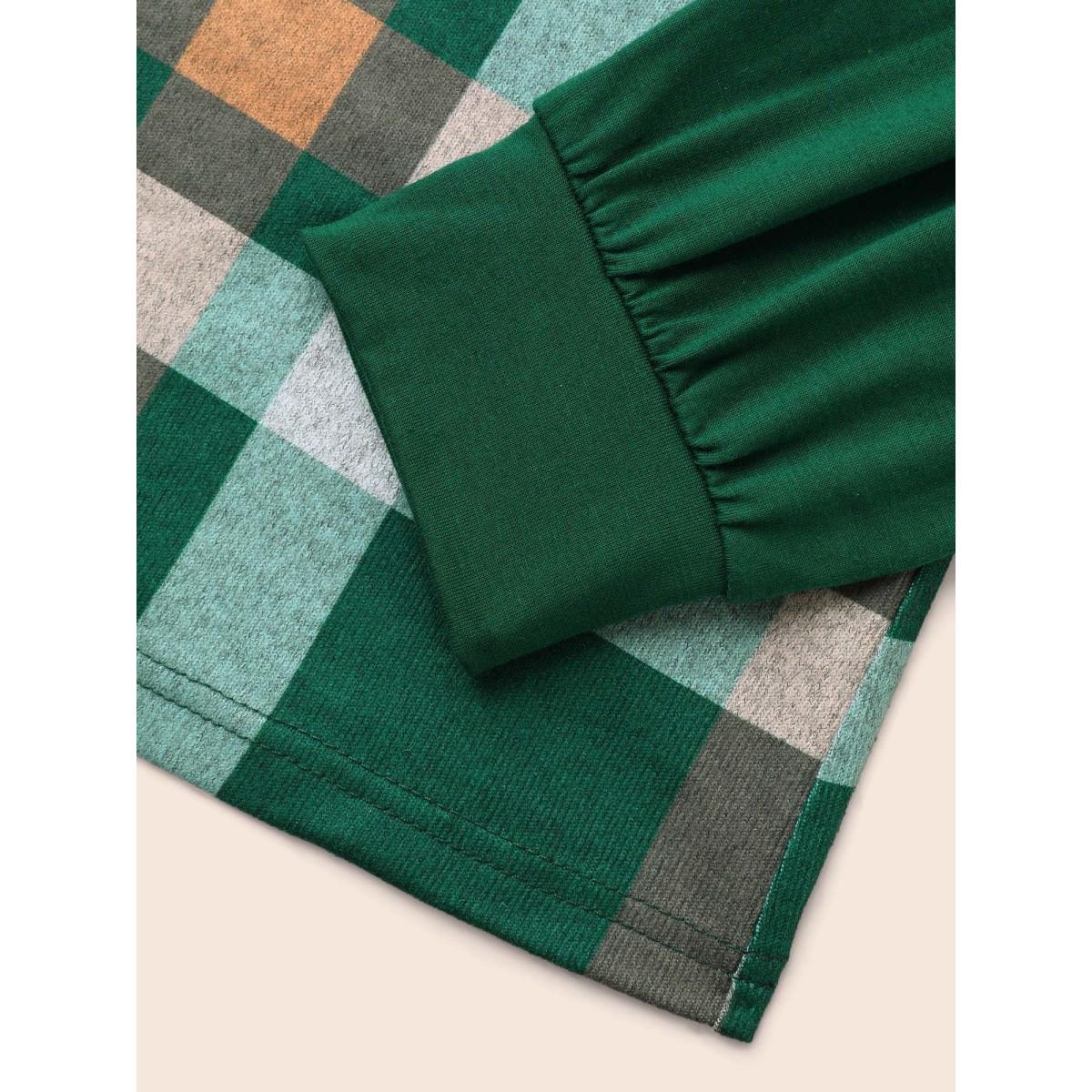 Plus Size Plaid Patchwork Solid Long-Sleeves Tee DarkGreen Women Casual Contrast Round Neck Everyday T-shirts BloomChic 10/M Product Image