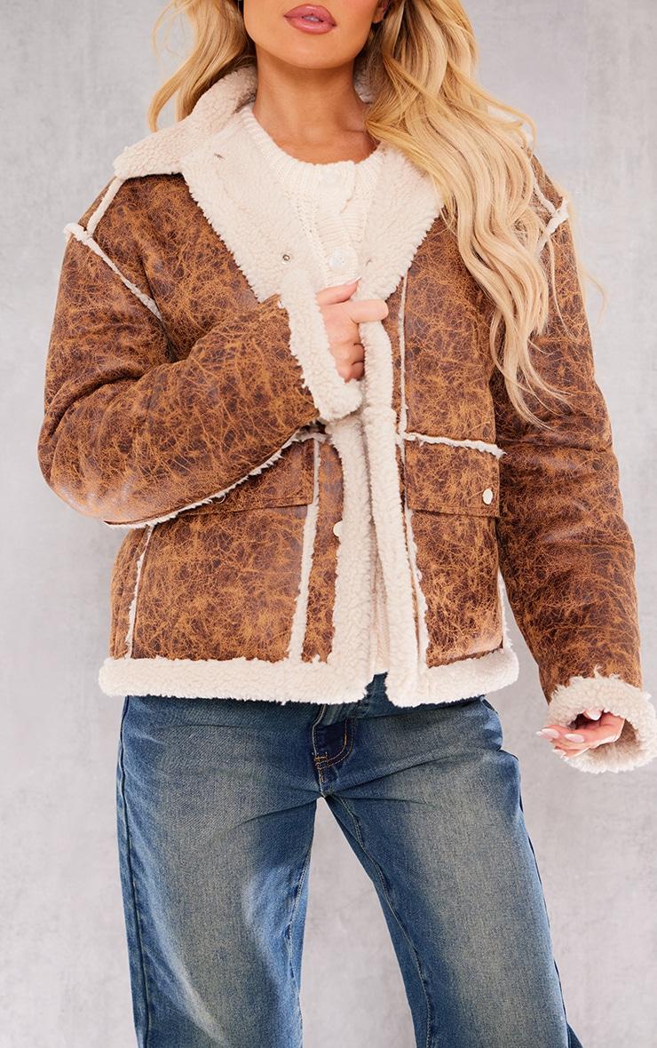 Brown Distressed Pu Borg Detail Collared Jacket Product Image