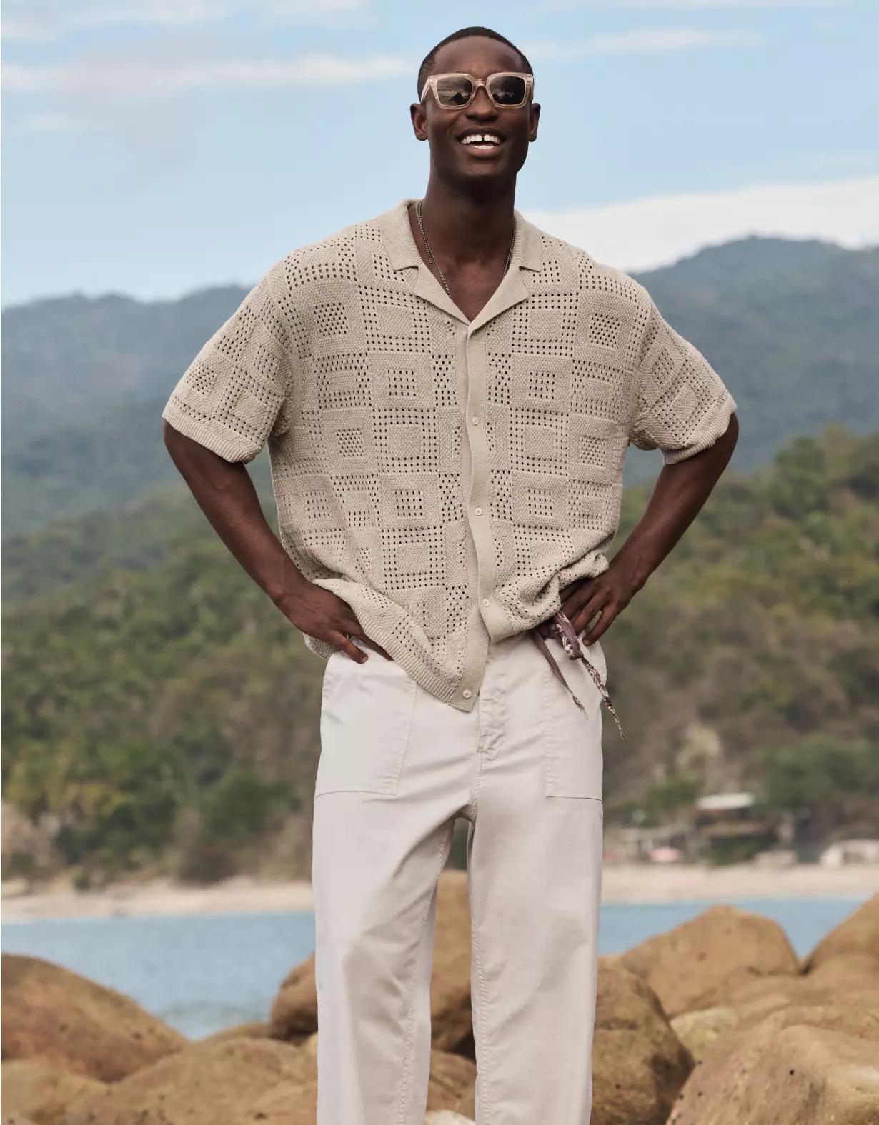 AE Weekend Textured Checkerboard Button-Up Sweater Polo Shirt Product Image