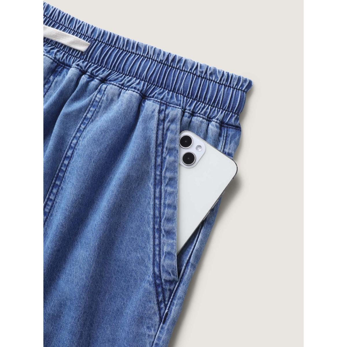 Plus Size Cotton Stretchy Waist Drawstrings Denim Shorts Women Midblue No stretch Casual Slanted pocket Leisure Denim Shorts BloomChic 20/2X Product Image