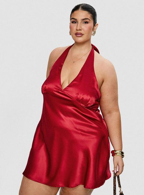 Pelagia Halter Scarf Tie Mini Dress Red Curve Product Image