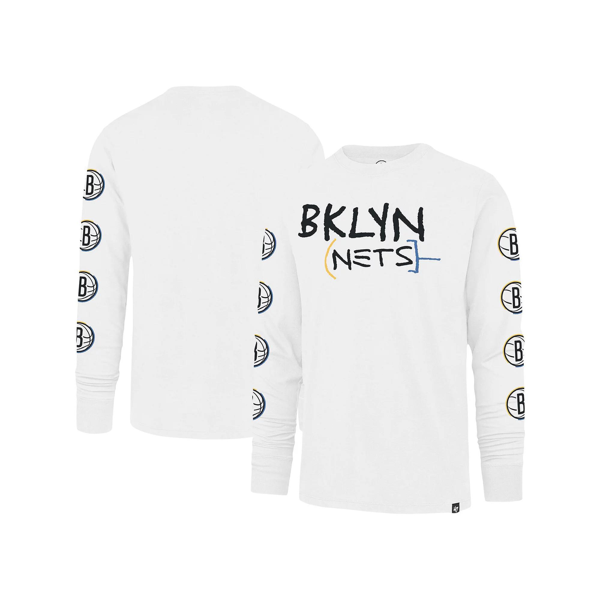 Men's '47 White Brooklyn Nets City Edition Downtown Franklin Long Sleeve T-Shirt, Size: Large Product Image