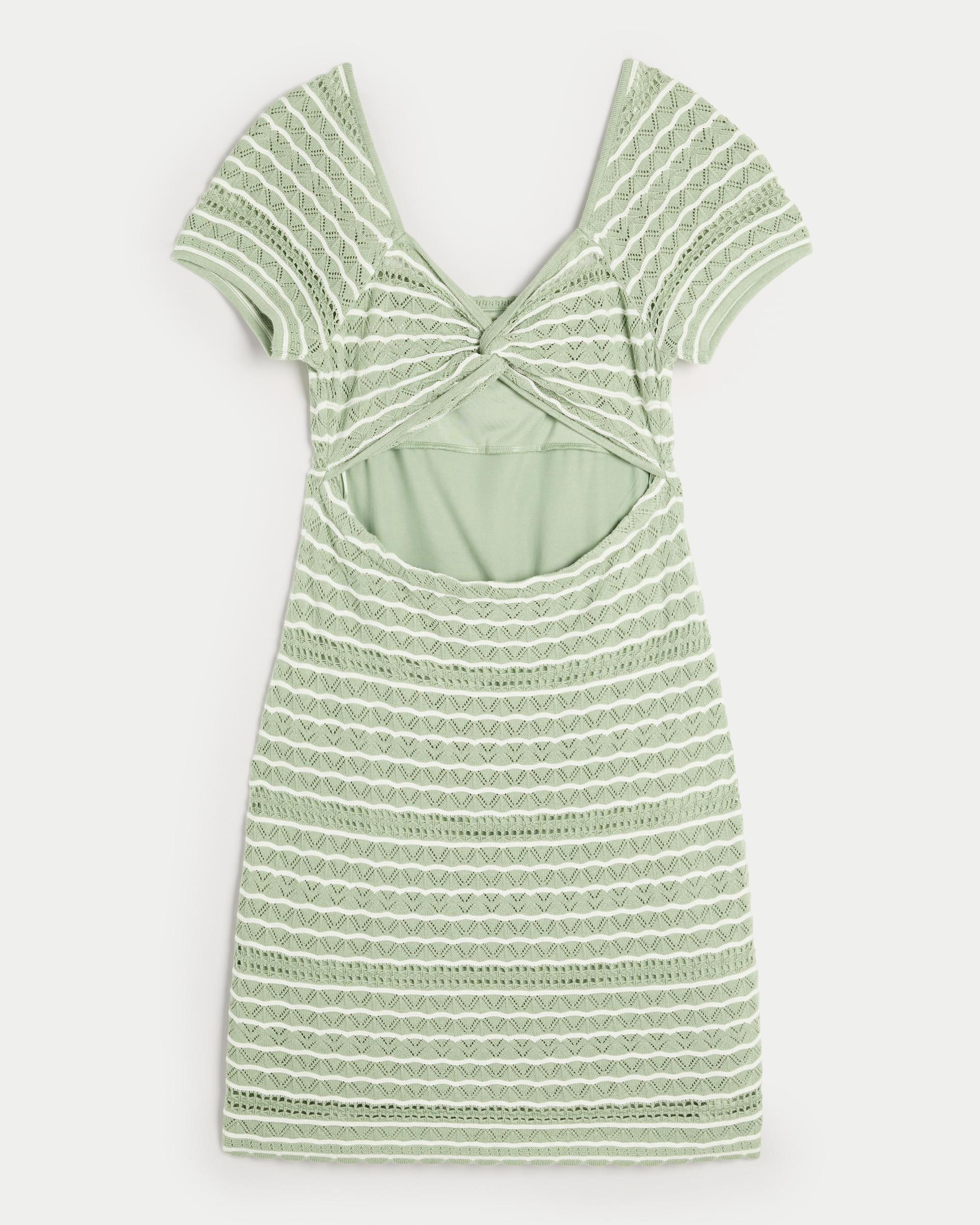 Short-Sleeve Crochet-Style Twist Back Mini Dress Product Image