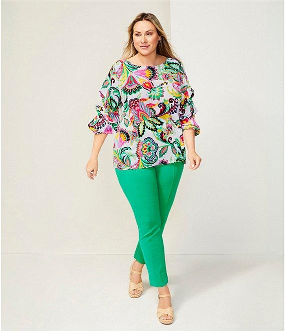 Slim Factor By Investments Plus Size Kara Exploded Jacobean Printed Boat Neck 3/4 Tiered Sleeve Top Product Image