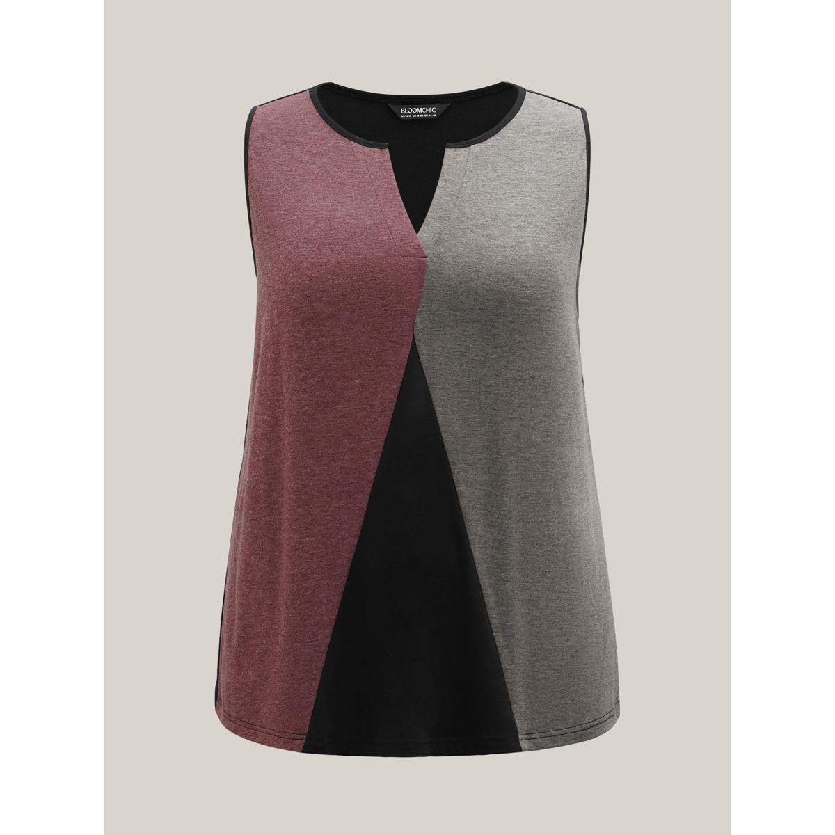 Plus Size Color Block Flowy Split Neck Tank Top Women Black Contrast Notched collar Casual Tank Tops Camis BloomChic 12/L Product Image