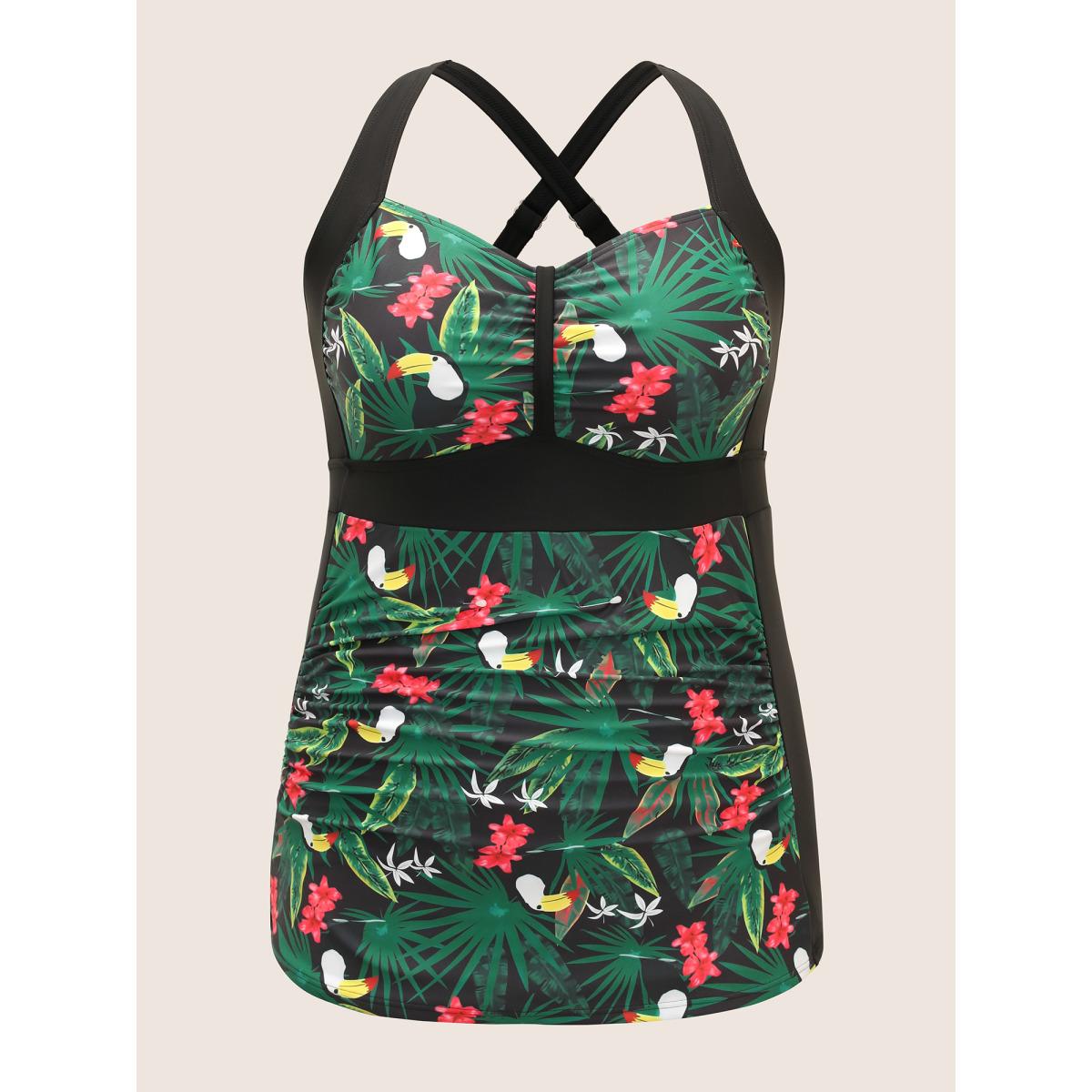 Plus Size Tropical Print Patchwork Gathered Swim Top Women's Swimwear Black Beach Gathered High stretch Skinny Heart neckline Curve Swim Tops BloomChic 14-16/1X Product Image