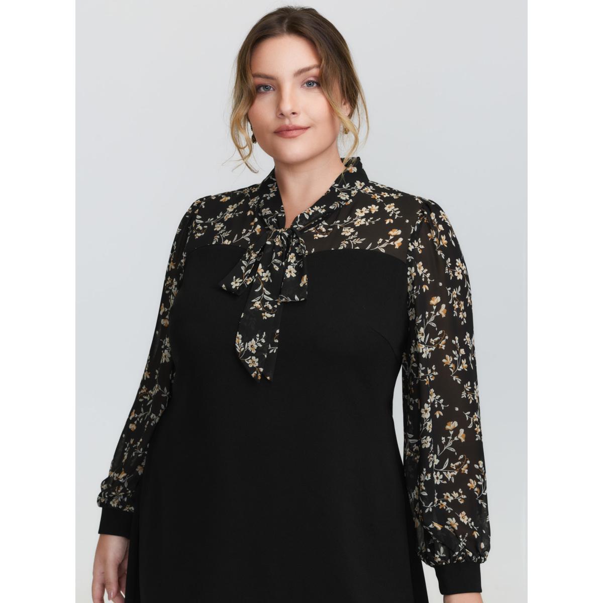 Plus Size Floral Print Ribbon Neck-Tie Knee Dress Black Women Timeless Ribbon-tied collar Long Sleeve Curvy BloomChic 22-24/3X Product Image