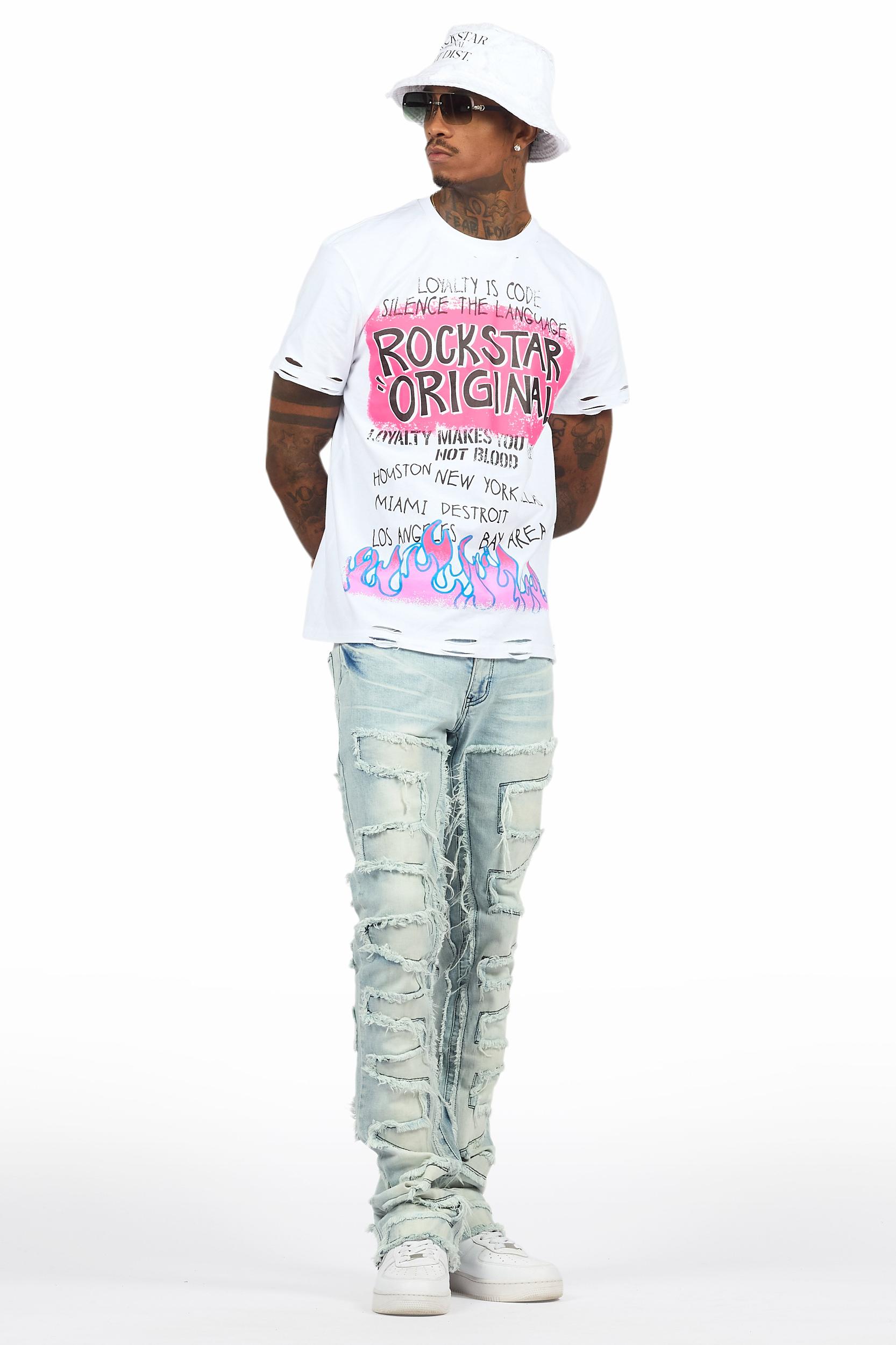 Beno White T-Shirt & Shake Blue Stacked Flare Jean Bundle Male Product Image