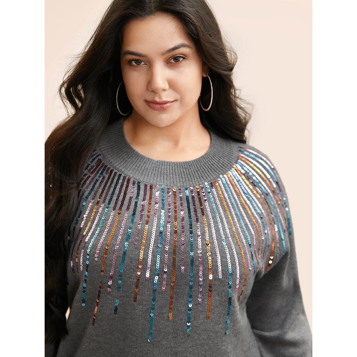 Plus Size Supersoft Essentials Sequin Raglan Sleeve Pullover DimGray Women Casual Loose Long Sleeve Round Neck Everyday Pullovers BloomChic 18-20/2X Product Image