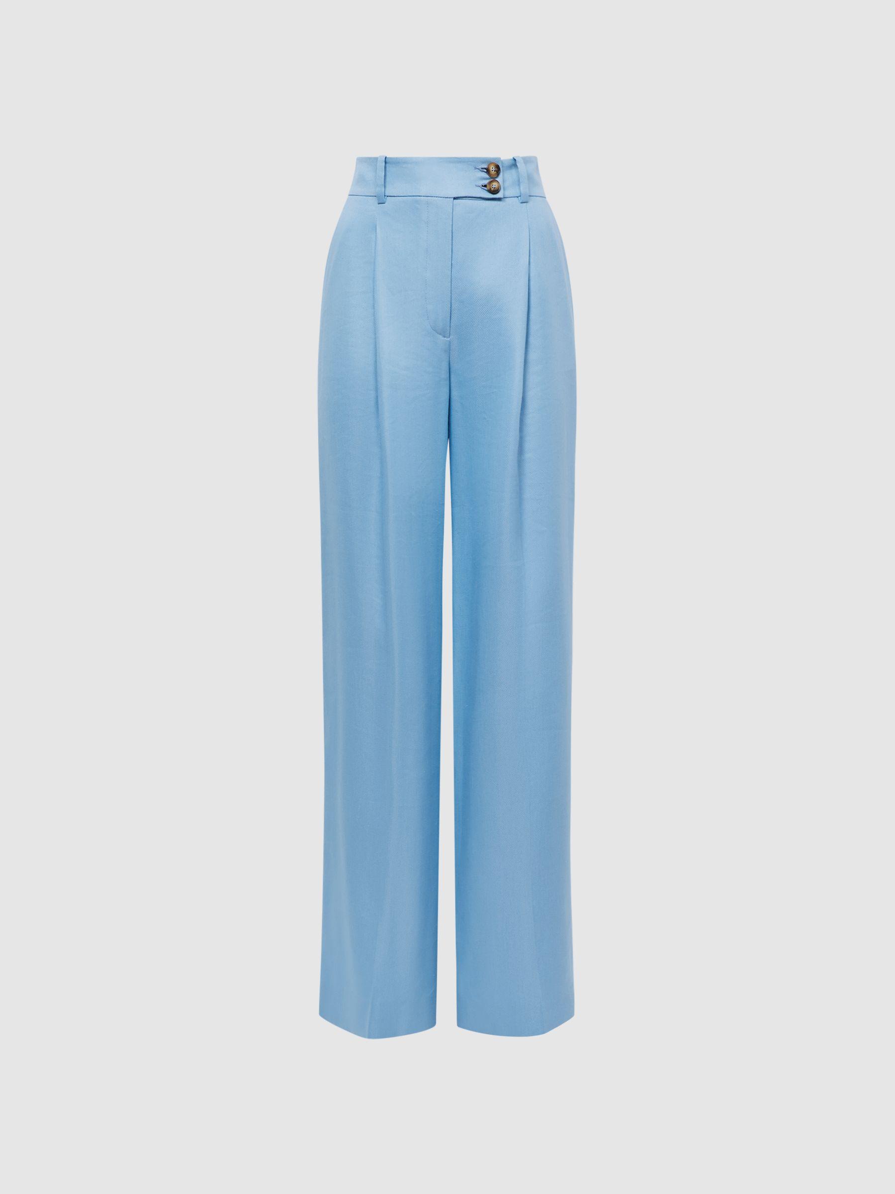 Wide Leg Linen Trousers in Blue Product Image