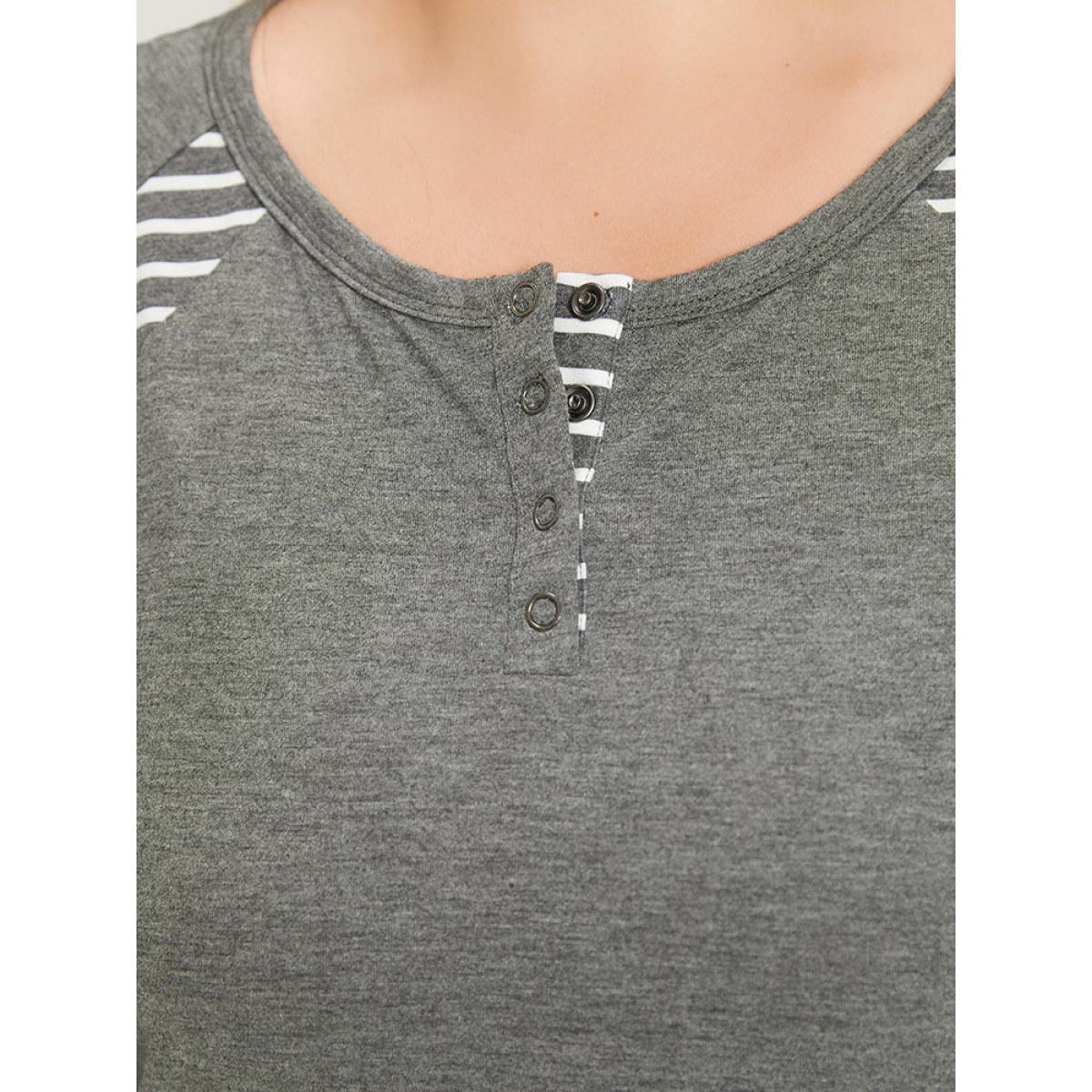 Plus Size Striped Patchwork Button Up Round Neck T-shirt DimGray Women Casual Contrast Striped Round Neck Dailywear T-shirts BloomChic 30/6X Product Image