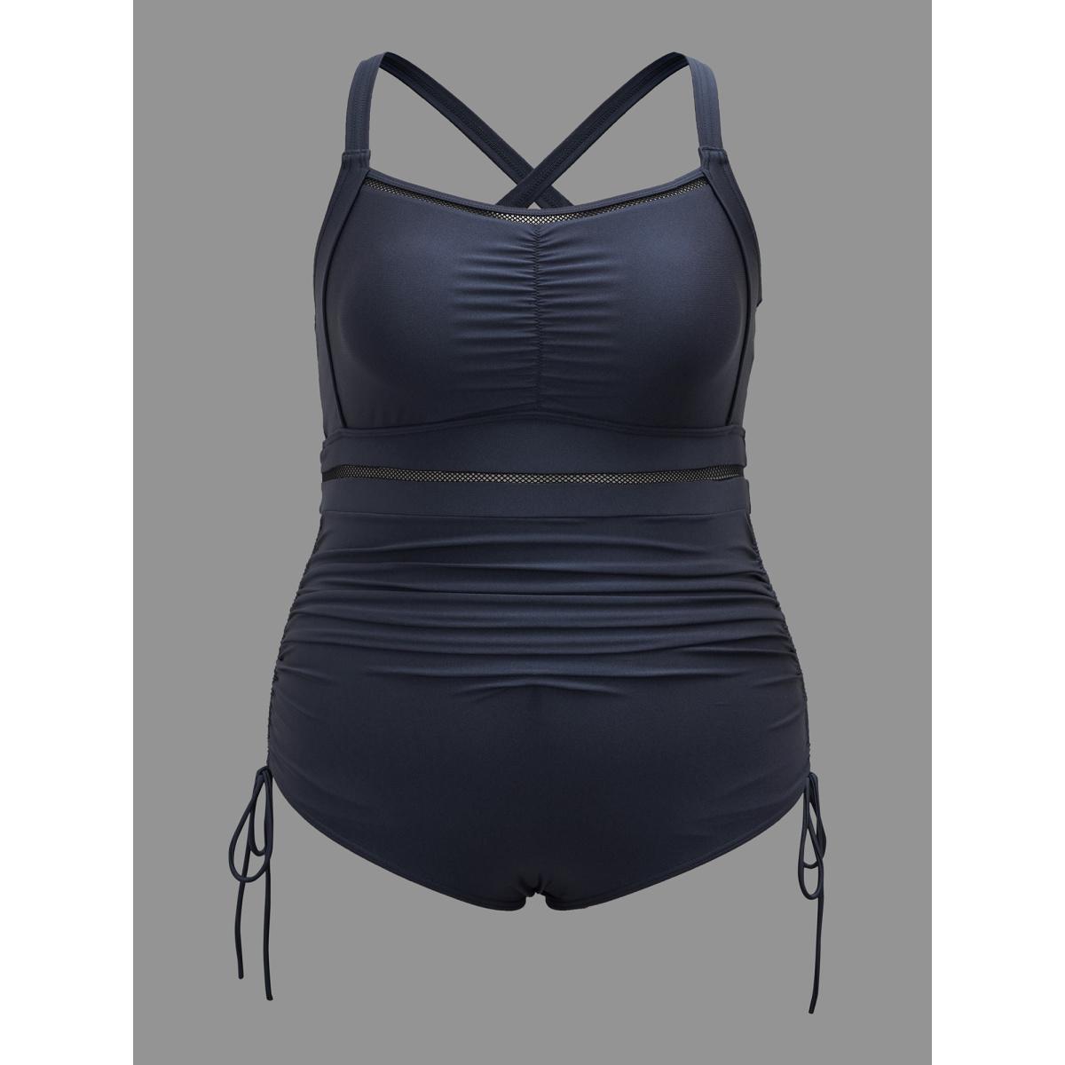 Plus Size Ruched Front Adjustable Drawstring One-Piece Swimsuit Women's Swimwear Indigo Beach Woven ribbon&lace trim Curve Bathing Suits High stretch One Pieces BloomChic 26/4X Product Image