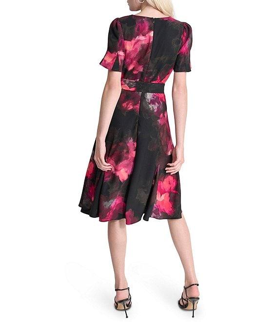 DKNY by Donna Karan Printed Woven Crew Neck Short Godet Sleeve Belted A-Line Dress Product Image