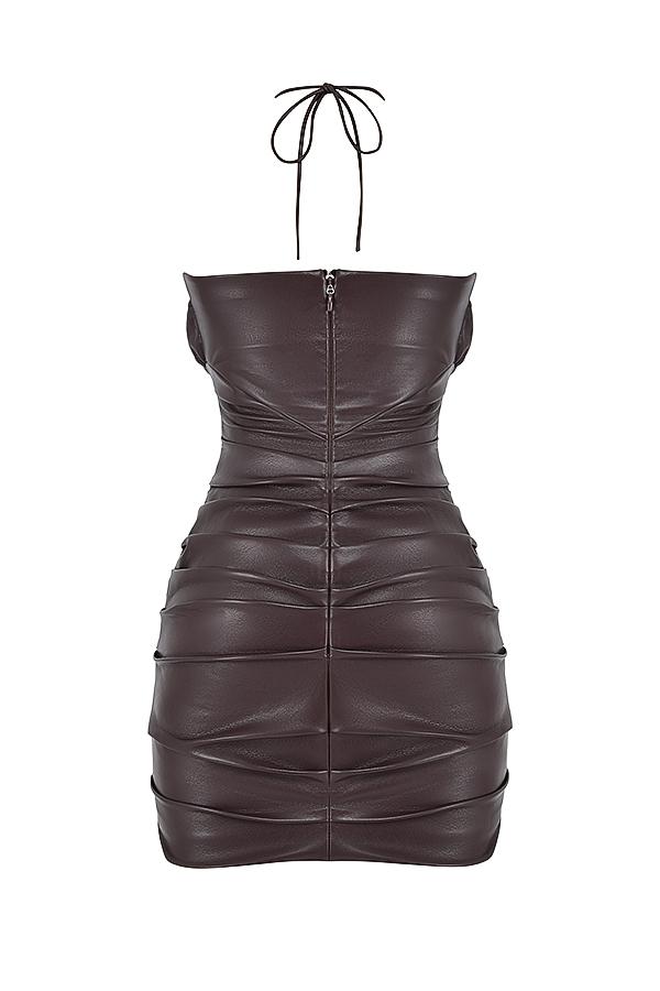 Olivia  bitter chocolate vegan leather mini dress Product Image