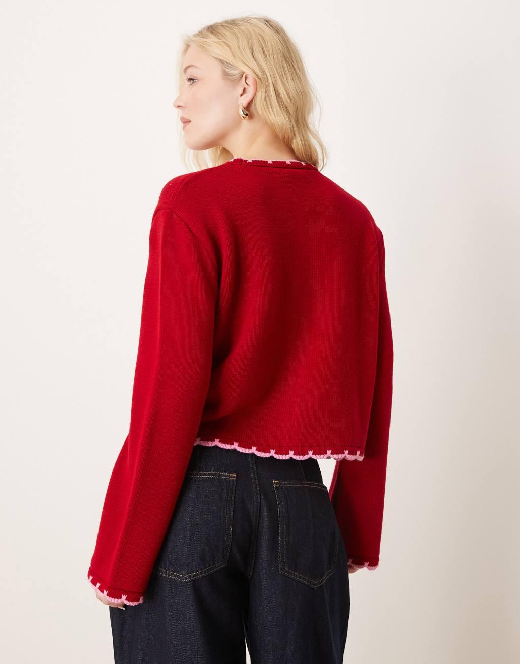 Miss Selfridge blanket stitch knit cardigan in red Product Image