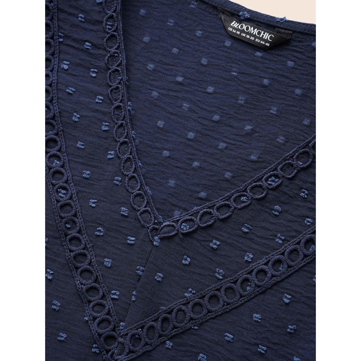 Plus Size Indigo Polka Dot Frill Trim V Neck Flutter Blouse Women Elegant Short sleeve V-neck Work Blouses BloomChic 26/4X Product Image