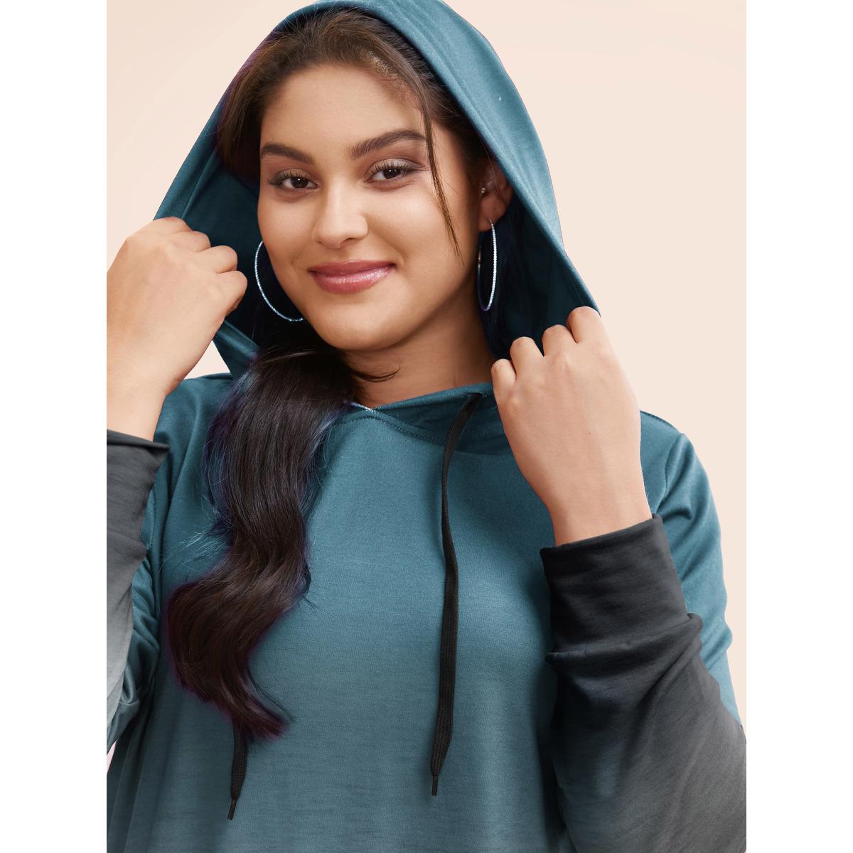 Plus Size Ombre Pocket Drawstring Hooded Sweatshirt Women Teal Casual Elastic cuffs Hooded Everyday Sweatshirts BloomChic 14-16/1X Product Image