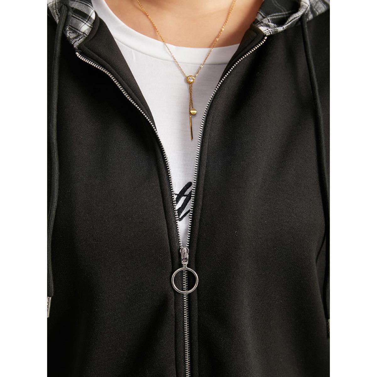 Plus Size Plaid Patchwork O Ring Zipper Hooded Drawstring Jacket Women Black Contrast Dailywear Jackets BloomChic 26/4X Product Image