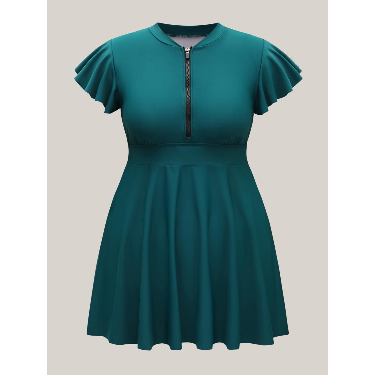 Plus Size Ruffled Zipper Flutter Sleeve Swim Dress Women's Swimwear Emerald Beach Bodycon Round Neck High stretch Curve Swim Dresses BloomChic 26/4X Product Image