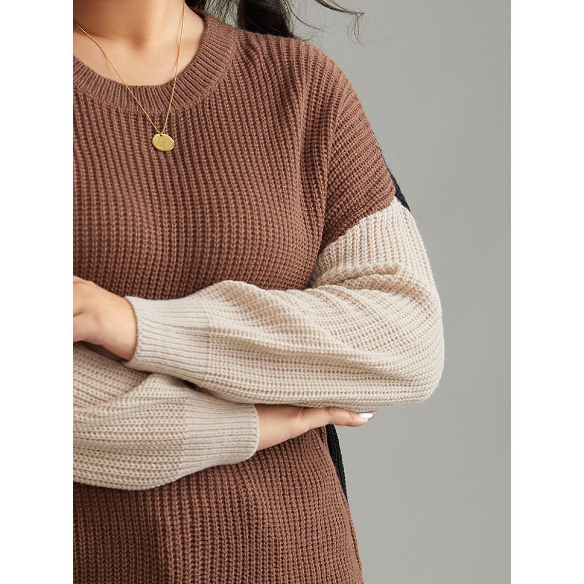 Plus Size Patchwork Colorblock Contrast Drop Shoulder Pullover Multicolor Women Casual Loose Long Sleeve Round Neck Dailywear Pullovers BloomChic 30/6X Product Image