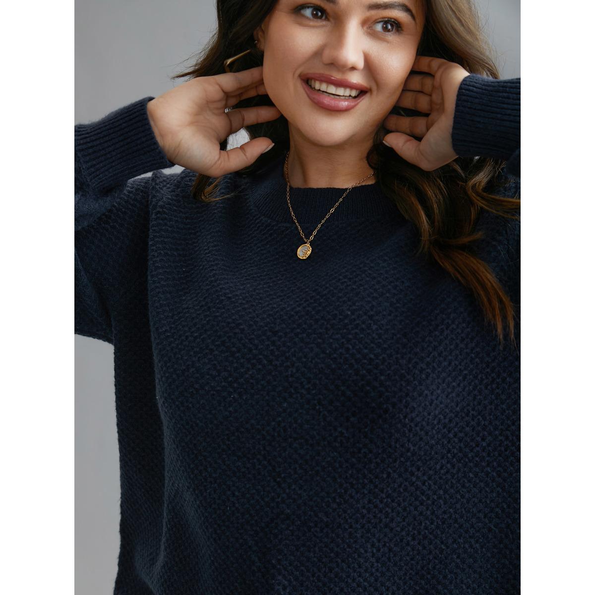 Plus Size Supersoft Essentials Textured Back Slit Pullover Indigo Women Casual Loose Long Sleeve Round Neck Everyday Pullovers BloomChic 12/L Product Image