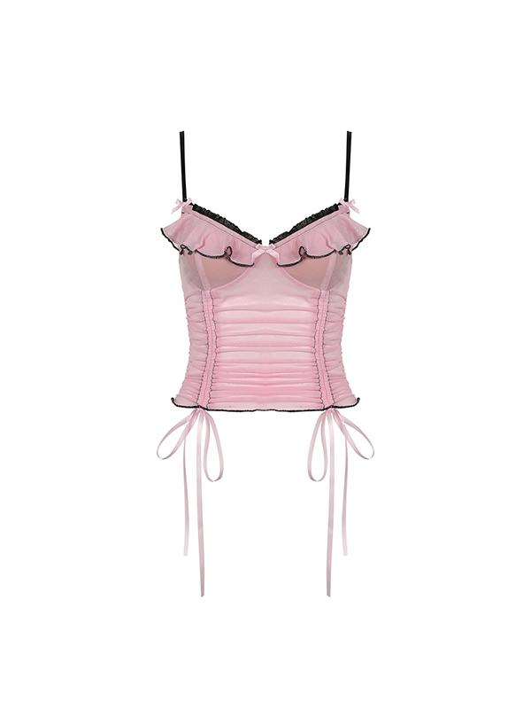 Ruffles Drawstring Lace Up Mesh Cami Top Product Image