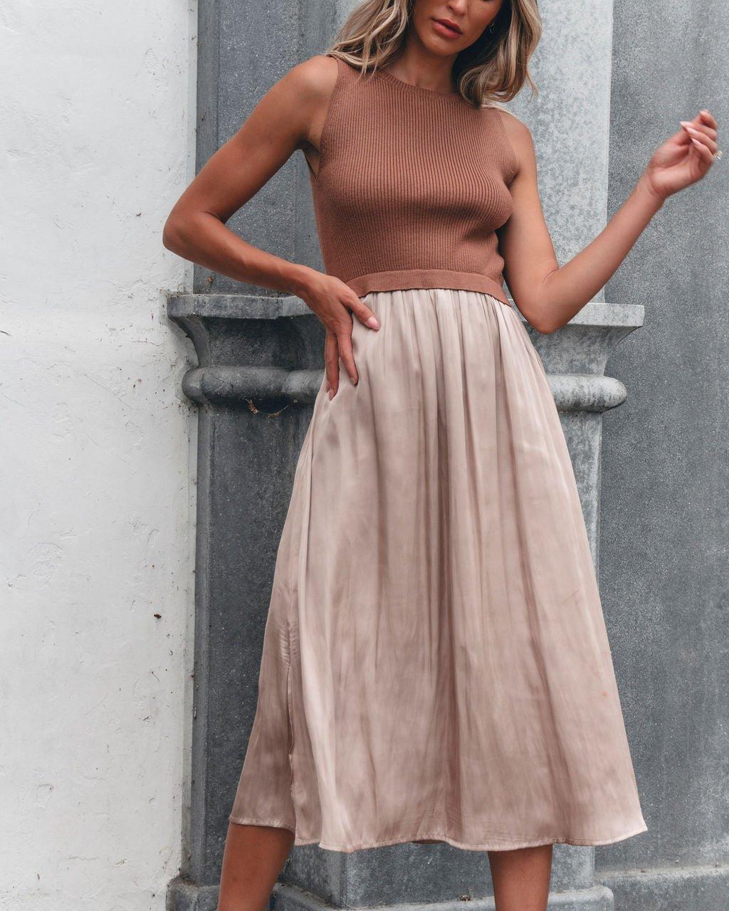 Sleeveless Half Sweater and Satin Skirt Midi Dress - Mocha Female Product Image