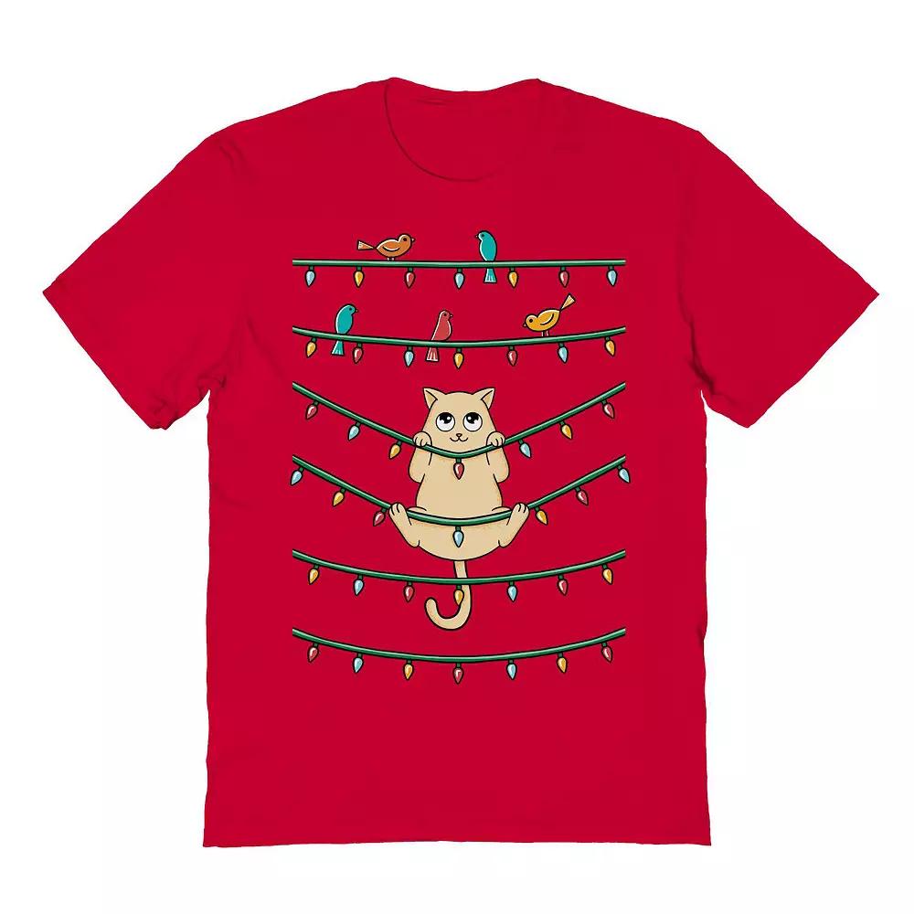 Men's Cat and Birds Christmas Graphic Tee, Size: XL, Black Product Image