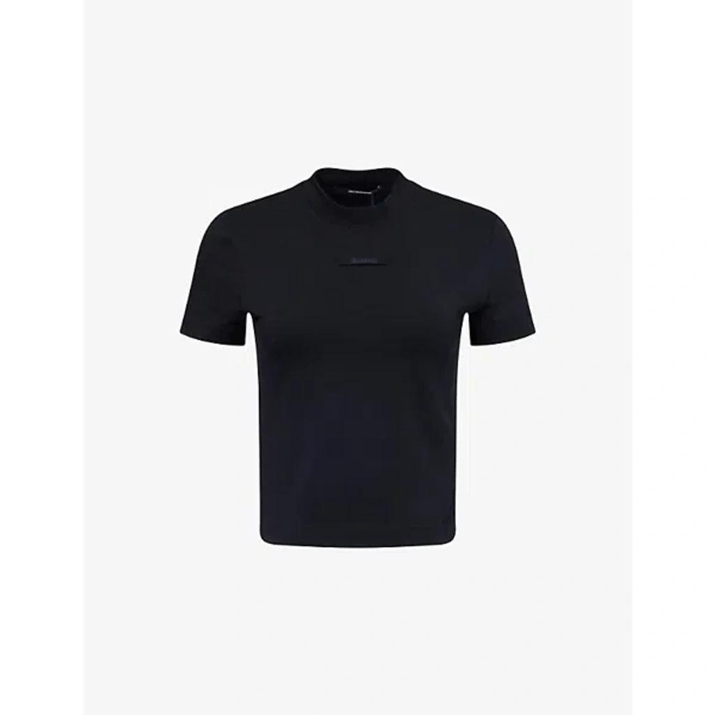 JACQUEMUS Black Fitted T-shirt With Logo Patch In Stretch Cotton Woman Product Image