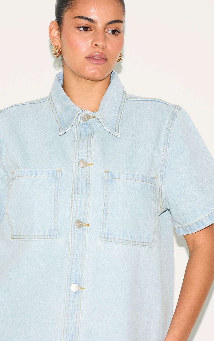Plus Light Blue Contrast Stitch Denim Shirt Dress Product Image