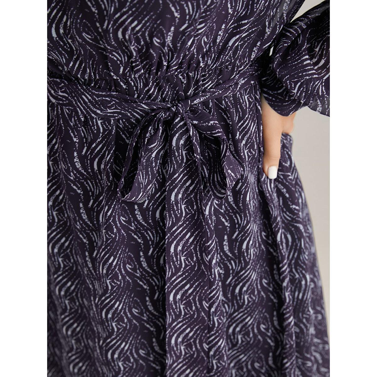 Plus Size Geometric Mesh Elastic Waist Belted Dress Indigo Women Office See through Round Neck Long Sleeve Curvy Midi Dress BloomChic 14-16/1X Product Image