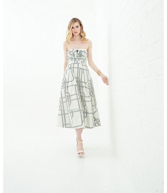 Le' AL.X Knot Print Woven Ruched Straight Keyhole Neck Spaghetti Strap A-Line Midi Coordinating Dress Product Image