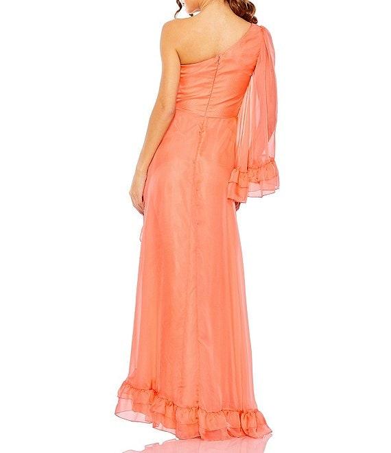 Mac Duggal Ruffled Asymmetrical Neck One Long Sleeve A-Line Gown Product Image