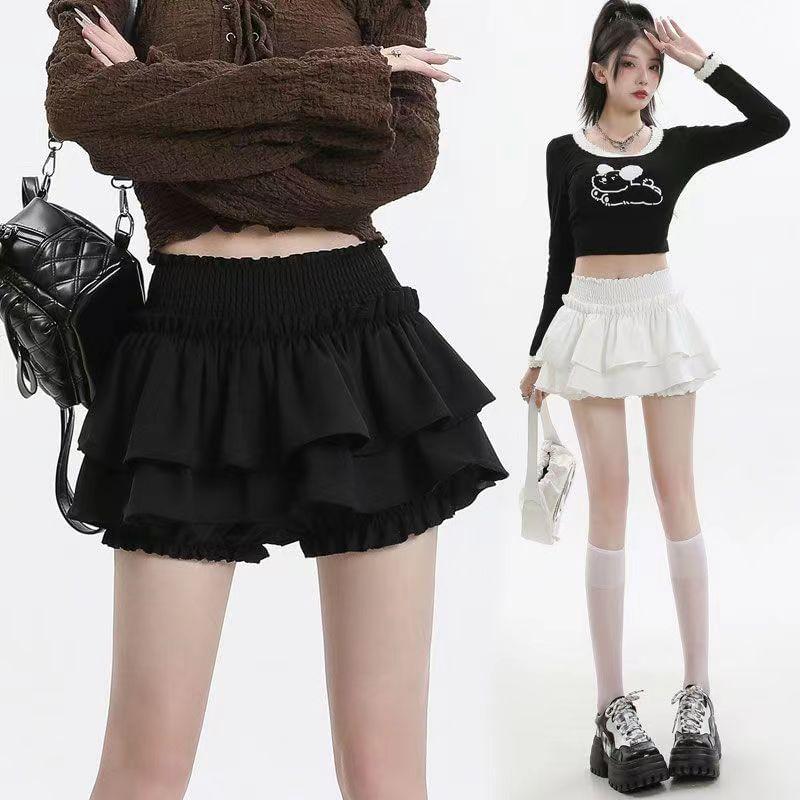 High Waist Plain Ruffled Mini A-Line Layered Skirt Product Image