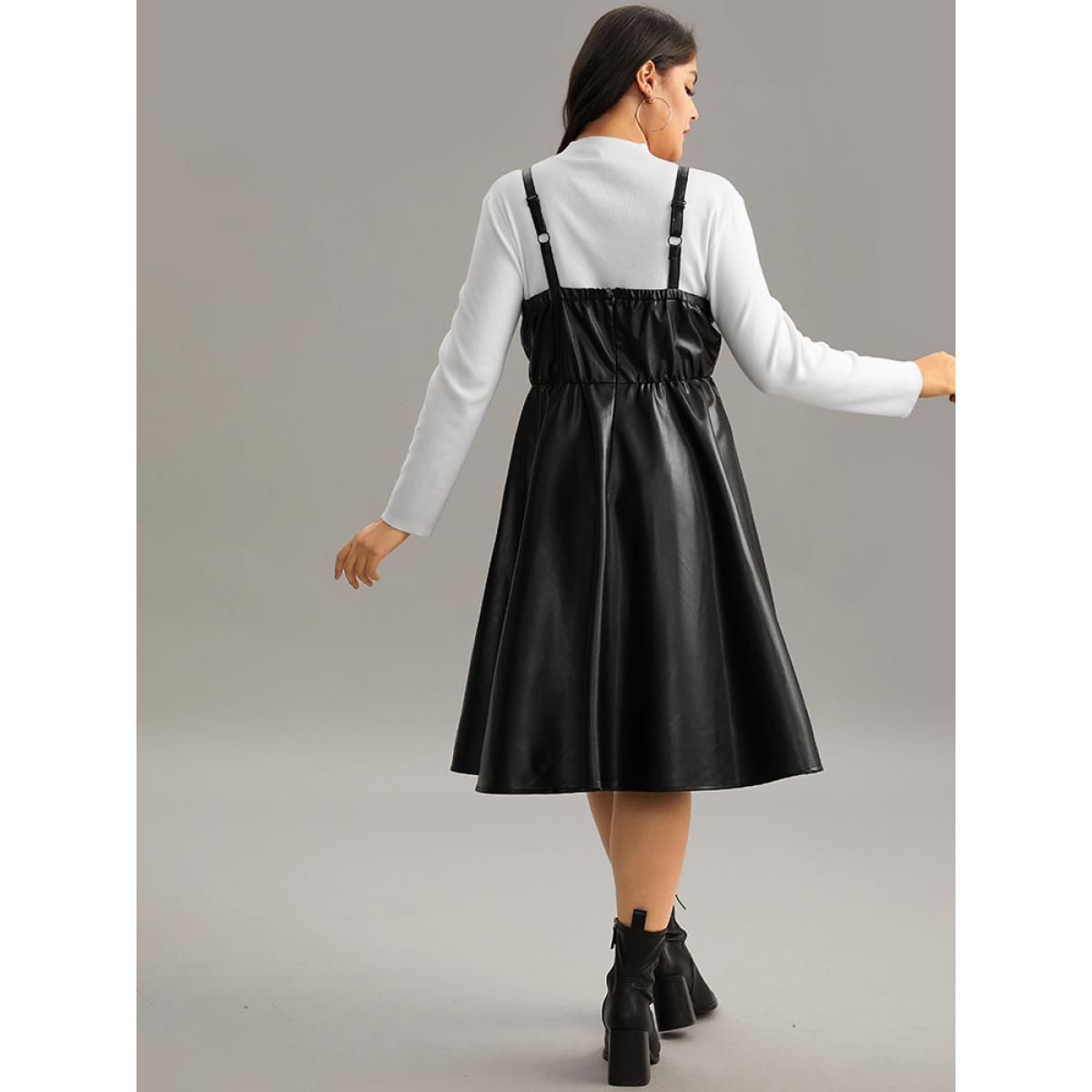 Plus Size PU Leather Elastic Waist Cami Dress Black Women Casual Plain Spaghetti Strap Sleeveless Curvy Midi Dress BloomChic 26/4X Product Image